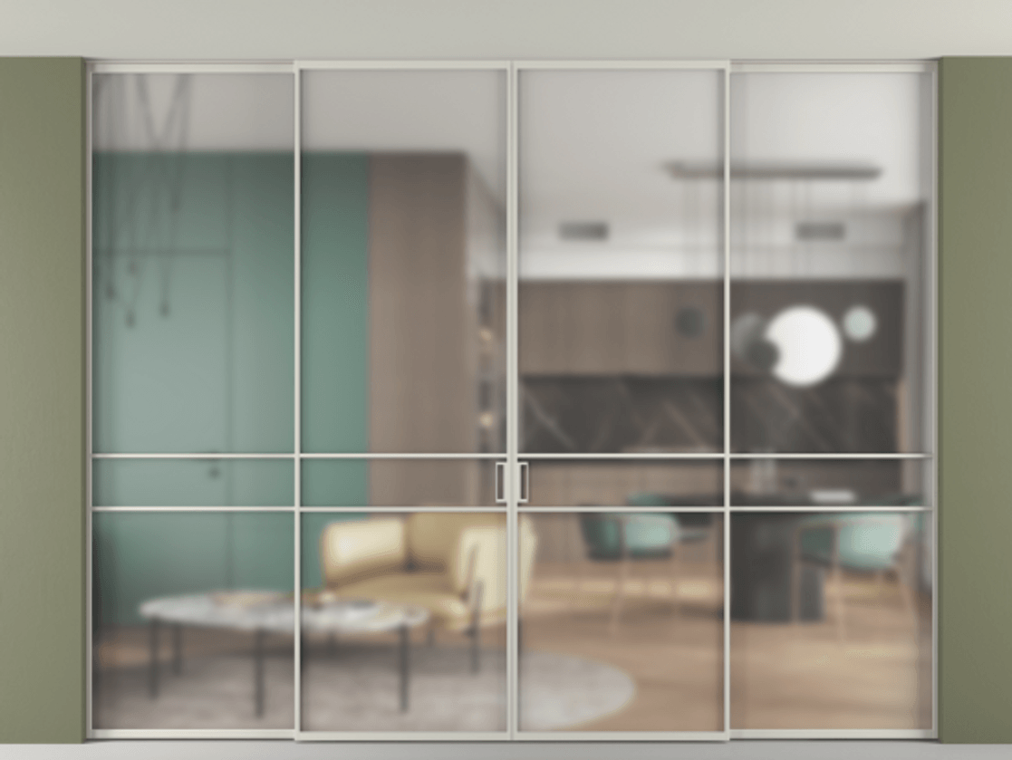 Перегородка Formato внутри проёма скрытое крепление в потолок 4 створки АЛПР 040.02 Алюминий тёплый серый Сатинированное стекло "Мателюкс Кристал Вижн", калёное, матовое, каленое 6 мм Цена 555140 ₽ | Volhovec