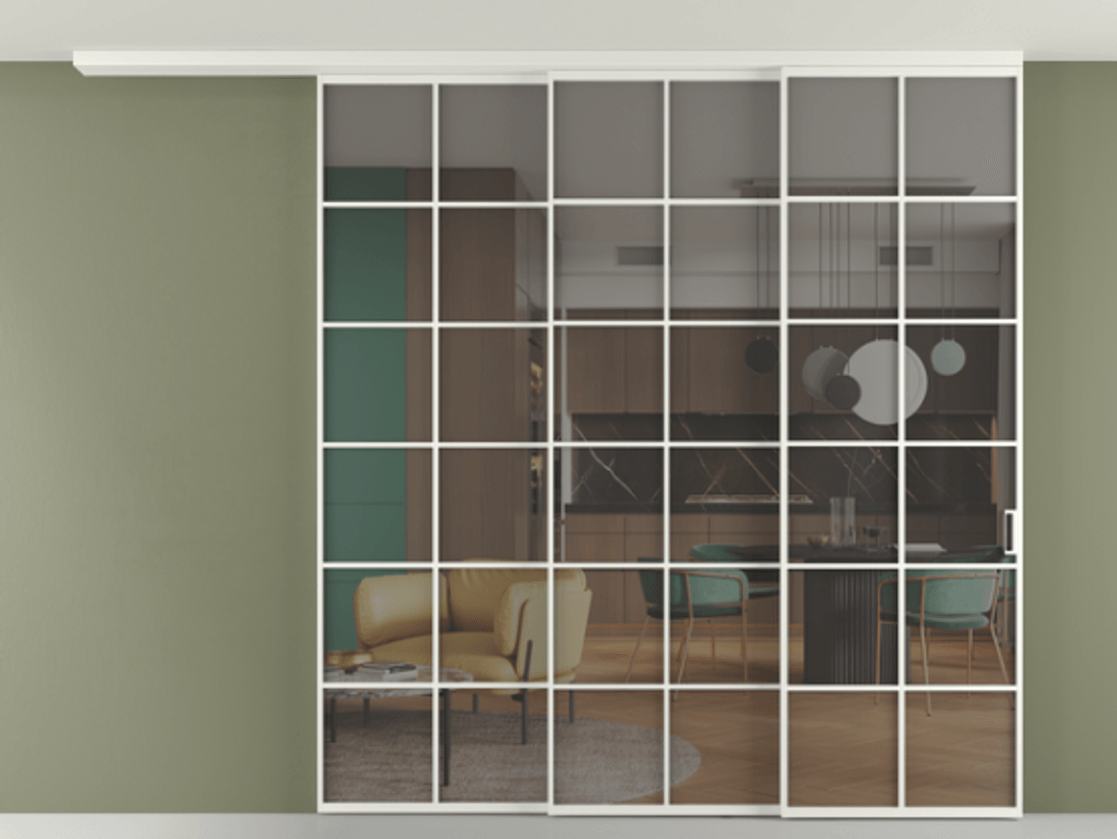 Перегородка Формато вдоль стены на потолок 3 створки с синхронным механизмом АЛПР 040.05 Алюминий светло-серый Прозрачное серое стекло, триплекс Цена 587170 сом | Volhovec