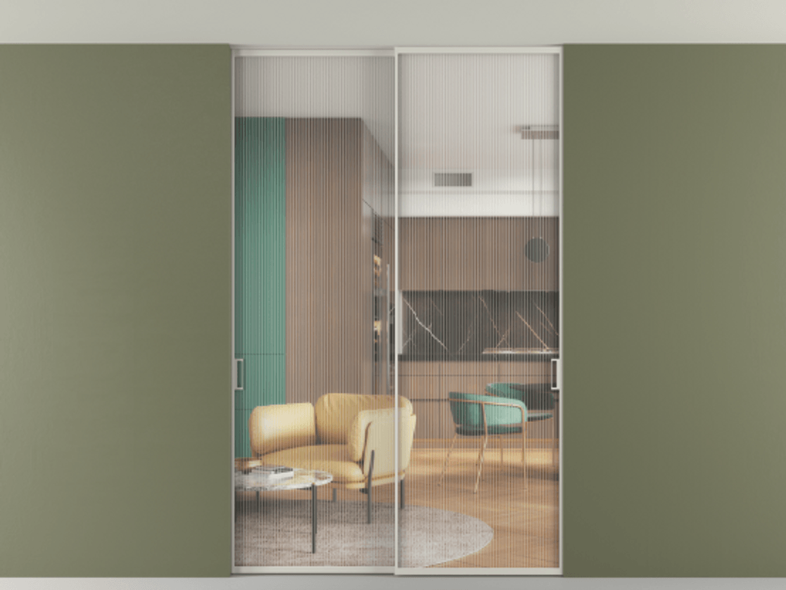 Перегородка Формато внутри проёма скрытое крепление в потолок 2 створки АЛПР 040.01 Алюминий тёплый серый Рифлёное стекло "Мору", триплекс Цена 365900 сом | Volhovec