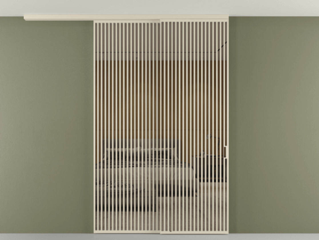 Перегородка Формато вдоль стены на потолок 2 створки с синхронным механизмом АЛПР 040.06 Алюминий бежево-серый Рефлективное бронзовое стекло "Стопсол", калёное Цена 28280 AZE | Volhovec