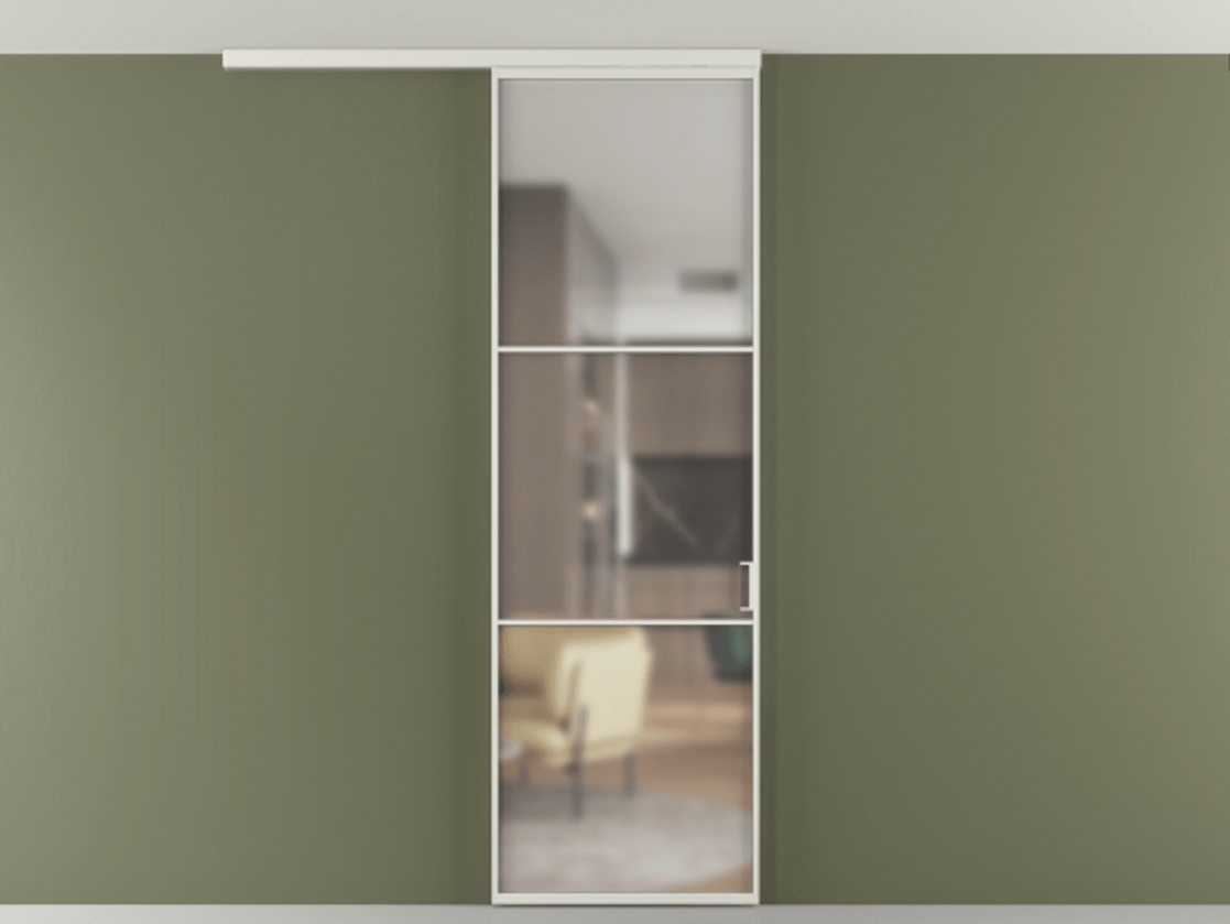 Перегородка Формато вдоль стены на потолок 1 створка АЛПР 040.03 Алюминий серый Сатинированное стекло "Мателюкс Кристал Вижн", калёное, матовое, каленое 6 мм Цена 125510 ₽ | Volhovec