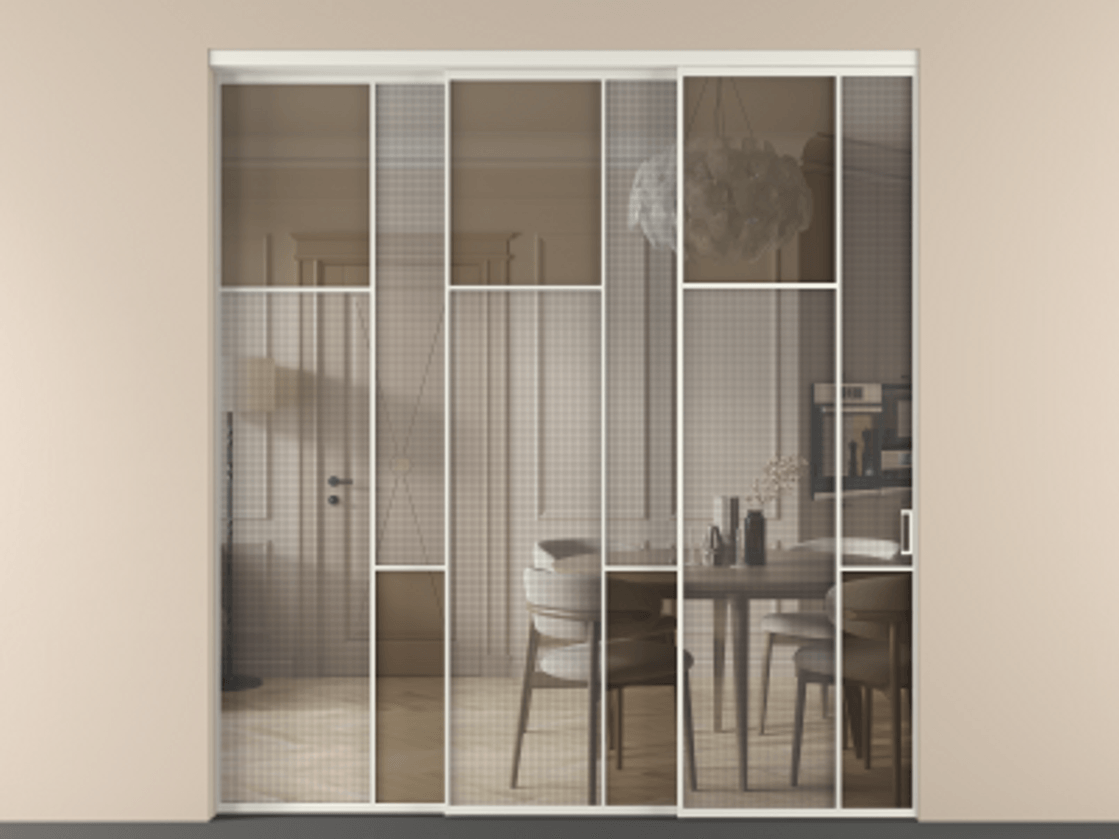 Перегородка Mosaic внутри проема телескопик синхро-3 АЛПР 041.10 Алюминий Белый Mesh silver + Бронза прозрачное триплекс Цена 588430 сом | Volhovec
