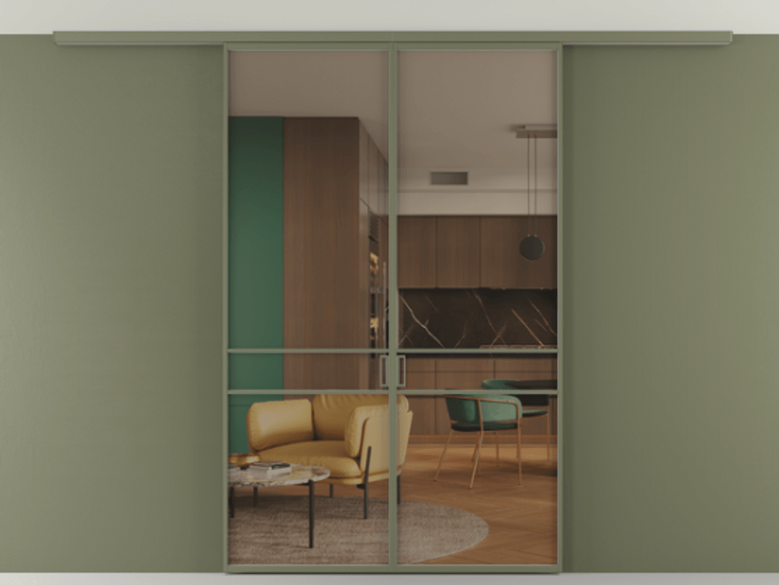 Перегородка Формато вдоль стены на потолок 2 створки АЛПР 040.02 Алюминий оливковый тёмный Прозрачное бронзовое стекло, триплекс Цена 271710 сом | Volhovec