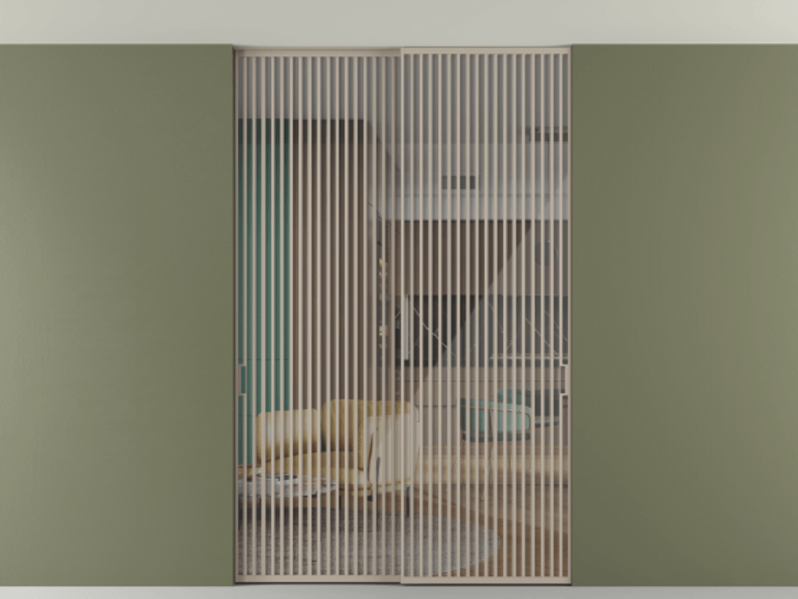 Перегородка Формато внутри проёма скрытое крепление в потолок 2 створки АЛПР 040.06 Алюминий бисквитный Рефлективное прозрачное стекло "Стопсол", калёное Цена 758751 сом | Volhovec