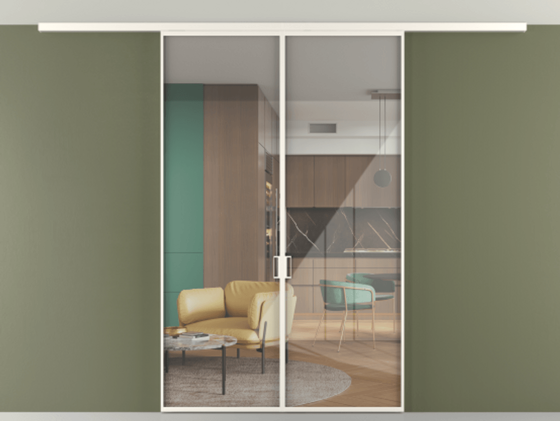 Перегородка Формато вдоль стены на потолок 2 створки АЛПР 040.01 Алюминий пудровый белый Рефлективное прозрачное стекло "Стопсол", калёное Цена 337850 сом | Volhovec