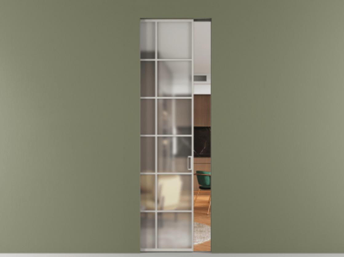 Перегородка Формато скрытый пенал 1 створка АЛПР 040.05 Алюминий тёплый серый Сатинированное стекло "Мателюкс Кристал Вижн", калёное, матовое, каленое 6 мм Цена 271110 сом | Volhovec