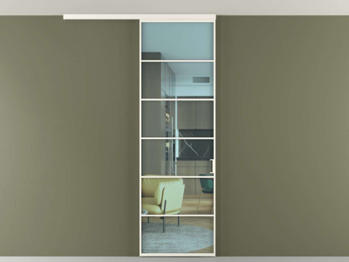 Перегородка Формато вдоль стены на потолок 1 створка АЛПР 040.04 Алюминий пудровый белый Прозрачное голубое стекло, триплекс Цена 150390 сом | Volhovec