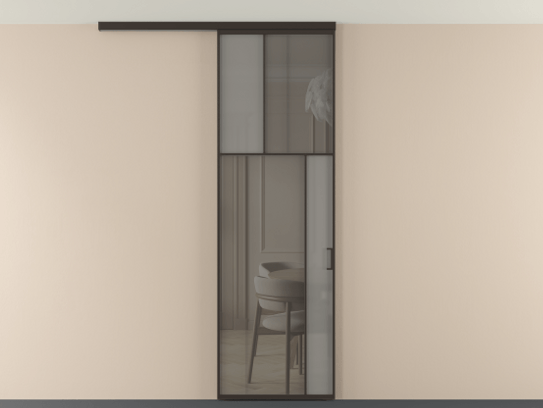 Перегородка Мозаик вдоль стены на потолок 1 створка АЛПР 041.23 Алюминий антрацит Сатинированное серое стекло, триплекс, 6 мм + Прозрачное серое стекло, триплекс Цена 196620 сом | Volhovec