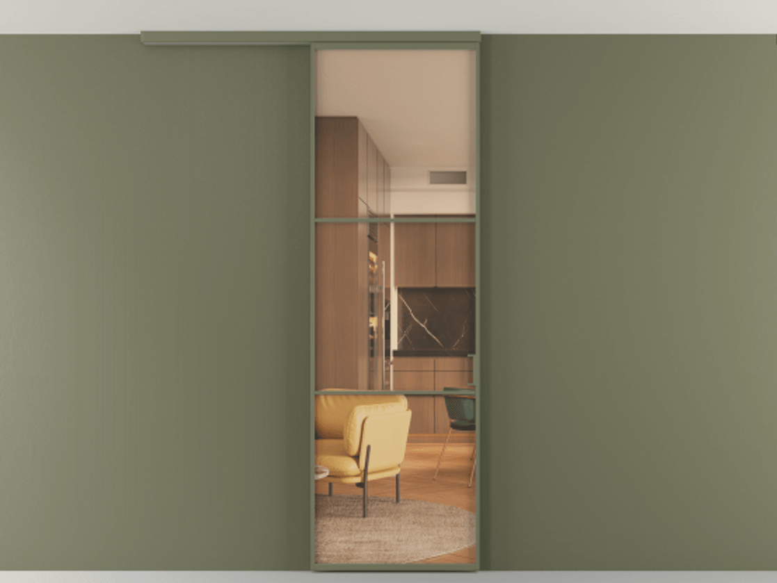 Перегородка Формато вдоль стены на потолок 1 створка АЛПР 040.03 Алюминий оливковый тёмный Прозрачное оранжевое стекло, триплекс Цена 141020 сом | Volhovec