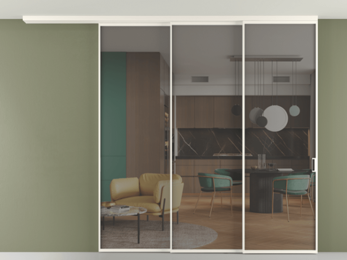 Перегородка Формато вдоль стены на потолок 3 створки с синхронным механизмом АЛПР 040.01 Алюминий пудровый белый Прозрачное серое стекло, триплекс Цена 623330 сом | Volhovec