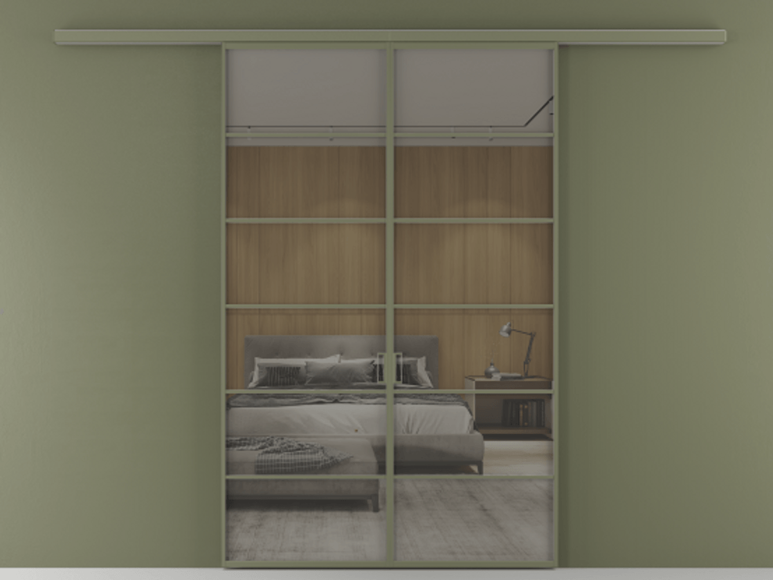 Перегородка Формато вдоль стены 2 створки АЛПР 040.04 Алюминий оливковый тёмный Рефлективное серое стекло "Стопсол", калёное Цена 385260 сом | Volhovec