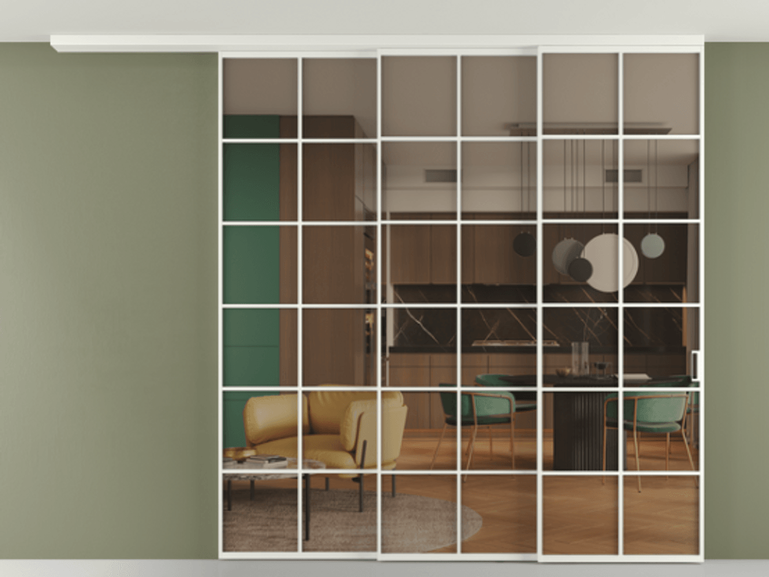 Перегородка Формато вдоль стены на потолок 3 створки с синхронным механизмом АЛПР 040.05 Алюминий светло-серый Прозрачное бронзовое стекло, триплекс Цена 587170 сом | Volhovec