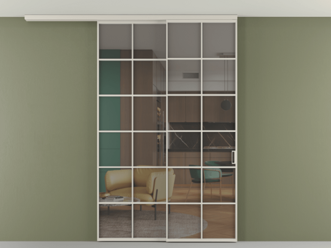 Перегородка Формато вдоль стены на потолок 2 створки с синхронным механизмом АЛПР 040.05 Алюминий облачно-серый Прозрачное серое стекло, триплекс Цена 424720 сом | Volhovec