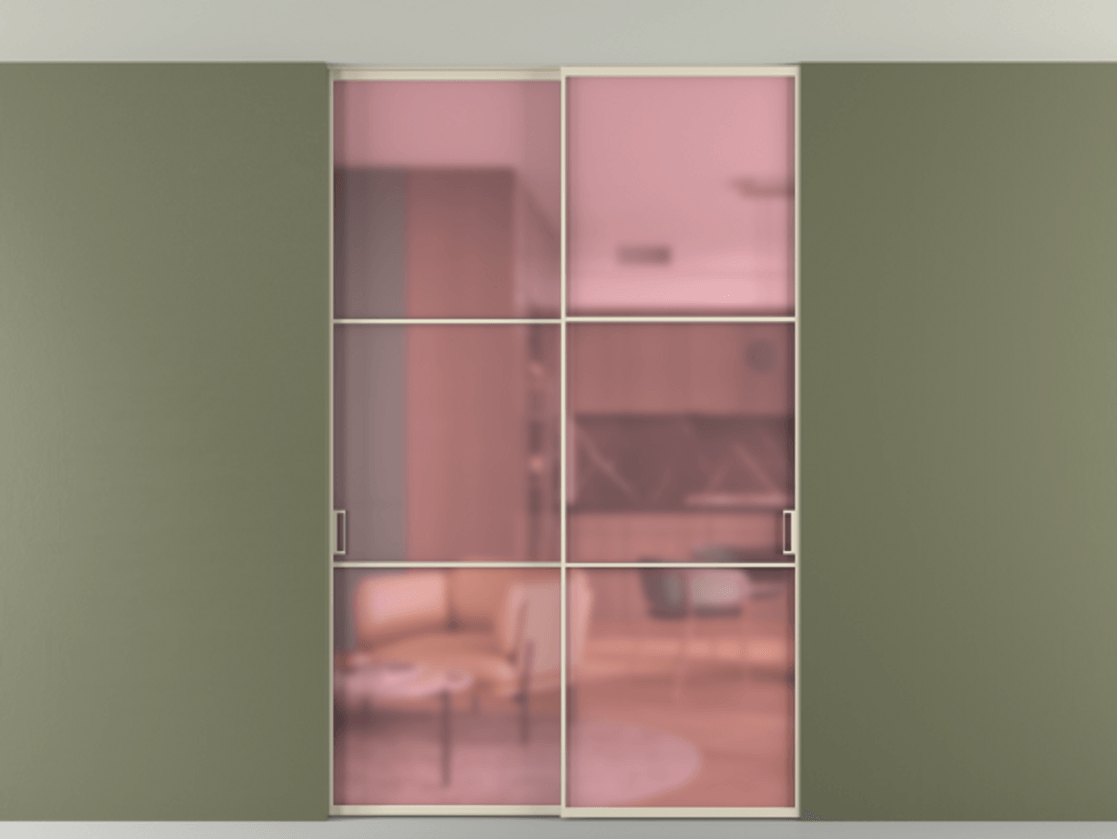 Перегородка Формато внутри проёма скрытое крепление в потолок 2 створки АЛПР 040.03 Алюминий бежево-серый Сатинированное розовое стекло, триплекс Цена 361400 сом | Volhovec