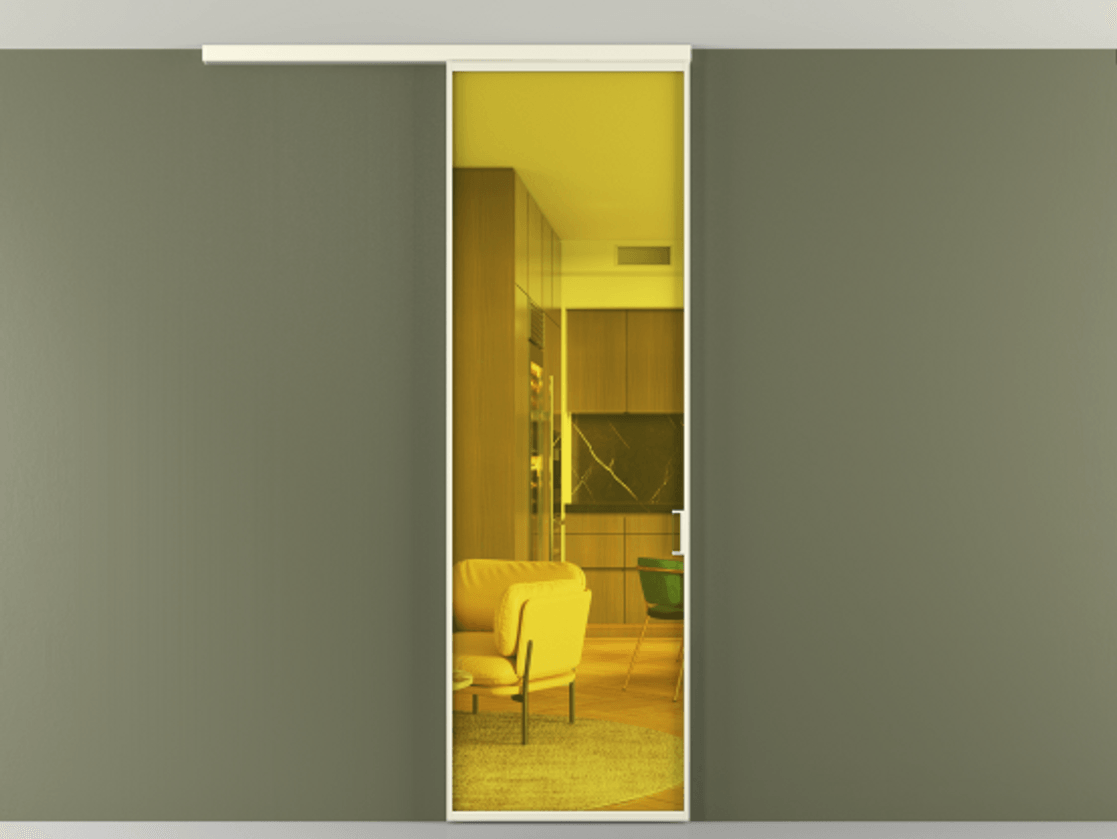 Перегородка Formato вдоль стены на потолок 1 створка АЛПР 040.01 Алюминий молочно-белый Прозрачное жёлтое стекло, триплекс Цена 140120 сом | Volhovec