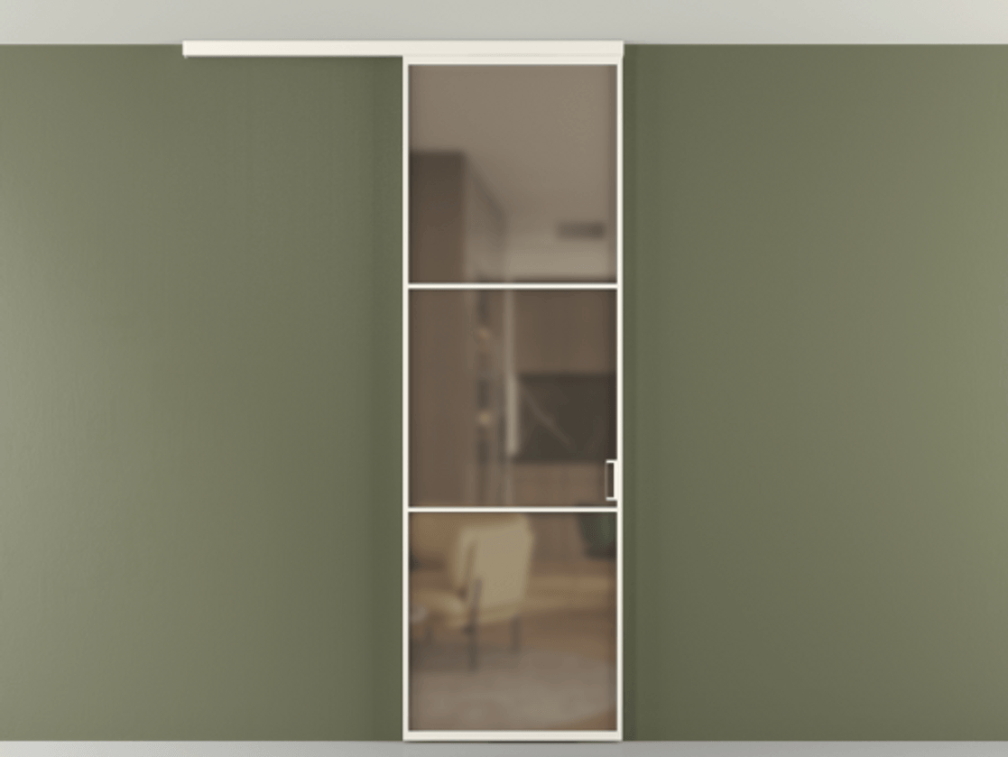 Перегородка Формато вдоль стены на потолок 1 створка АЛПР 040.03 Алюминий пудровый белый Сатинированное бронзовое стекло, триплекс Цена 141030 сом | Volhovec