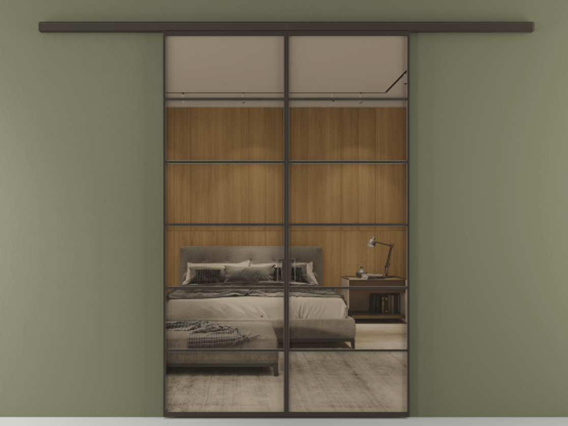 Перегородка Формато вдоль стены 2 створки АЛПР 040.04 Алюминий антрацит Рефлективное бронзовое стекло "Стопсол", калёное Цена 385260 сом | Volhovec