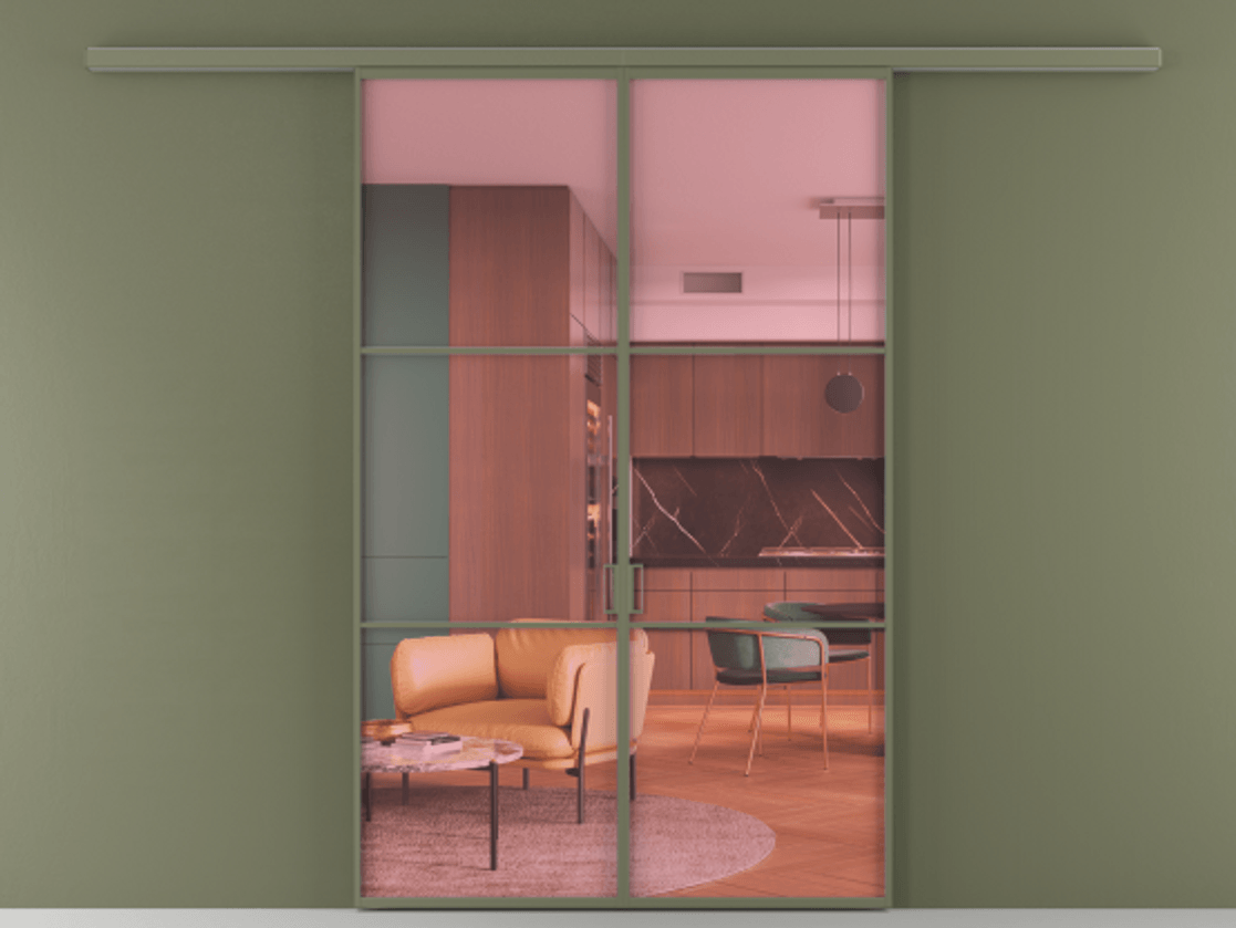 Перегородка Формато вдоль стены 2 створки АЛПР 040.03 Алюминий оливковый тёмный Прозрачное розовое стекло, триплекс Цена 295510 сом | Volhovec