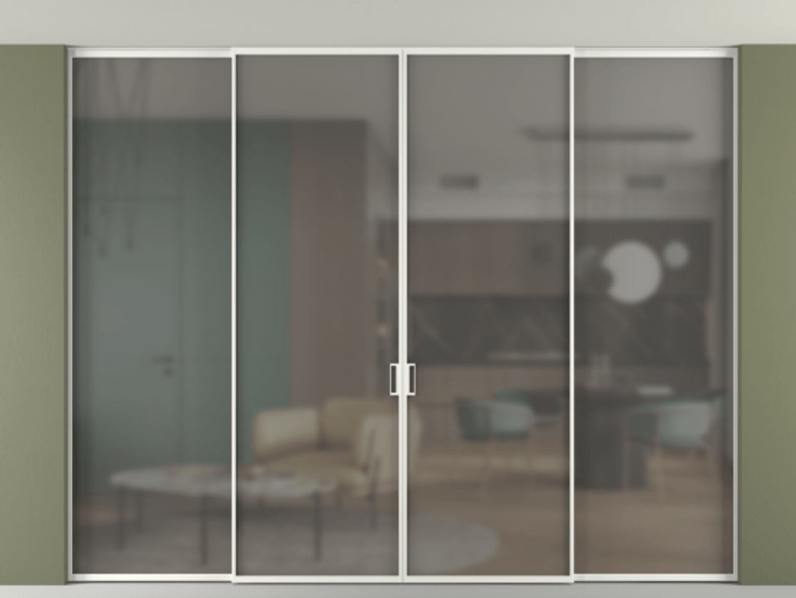 Перегородка Formato внутри проёма скрытое крепление в потолок 4 створки АЛПР 040.01 Алюминий светло-серый Сатинированное серое стекло, триплекс Цена 615470 сом | Volhovec