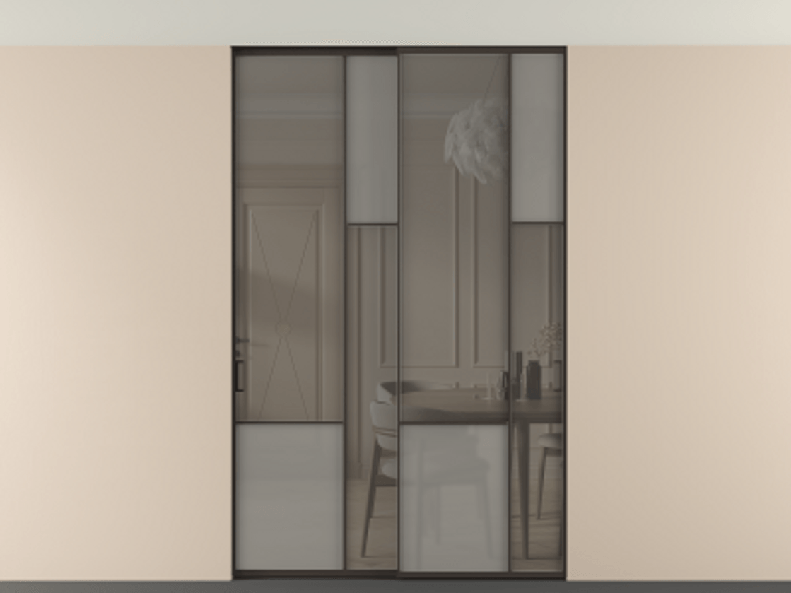 Перегородка Мозаик внутри проёма скрытое крепление в потолок 2 створки АЛПР 041.12 Алюминий антрацит Сатинированное серое стекло, триплекс, 6 мм + Прозрачное серое стекло, триплекс Цена 472590 сом | Volhovec