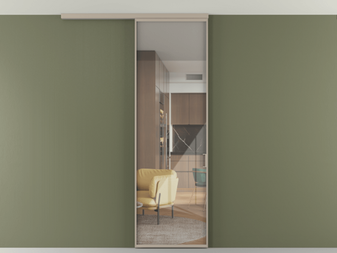 Перегородка Формато вдоль стены на потолок 1 створка АЛПР 040.01 Алюминий бисквитный Рефлективное прозрачное стекло "Стопсол", калёное Цена 149440 сом | Volhovec