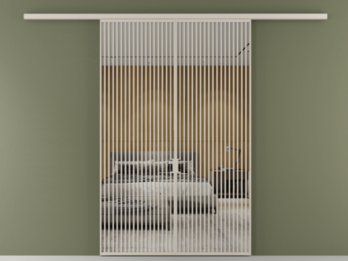 Перегородка Formato вдоль стены 2 створки АЛПР 040.06 Алюминий светло-бежевый Двустороннее зеркало, триплекс , триплекс 6 мм Цена 429000 ₽ | Volhovec