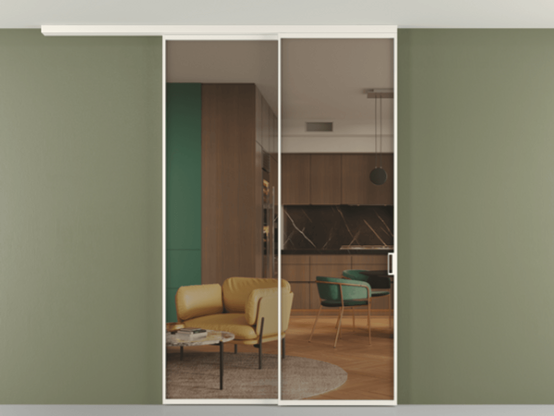 Перегородка Формато вдоль стены на потолок 2 створки с синхронным механизмом АЛПР 040.01 Алюминий пудровый белый Прозрачное бронзовое стекло, триплекс Цена 435550 сом | Volhovec