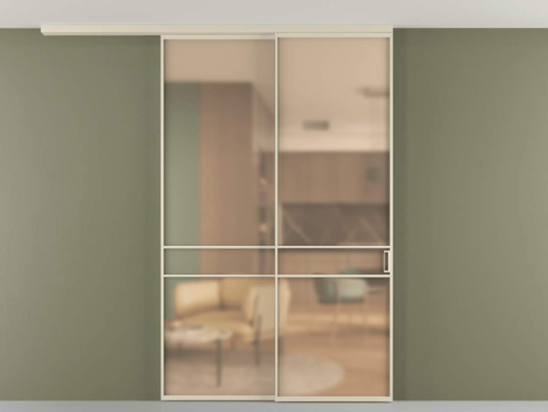 Перегородка Formato вдоль стены на потолок 2 створки с синхронным механизмом АЛПР 040.02 Алюминий бежево-серый Сатинированное оранжевое стекло, триплекс Цена 404730 сом | Volhovec