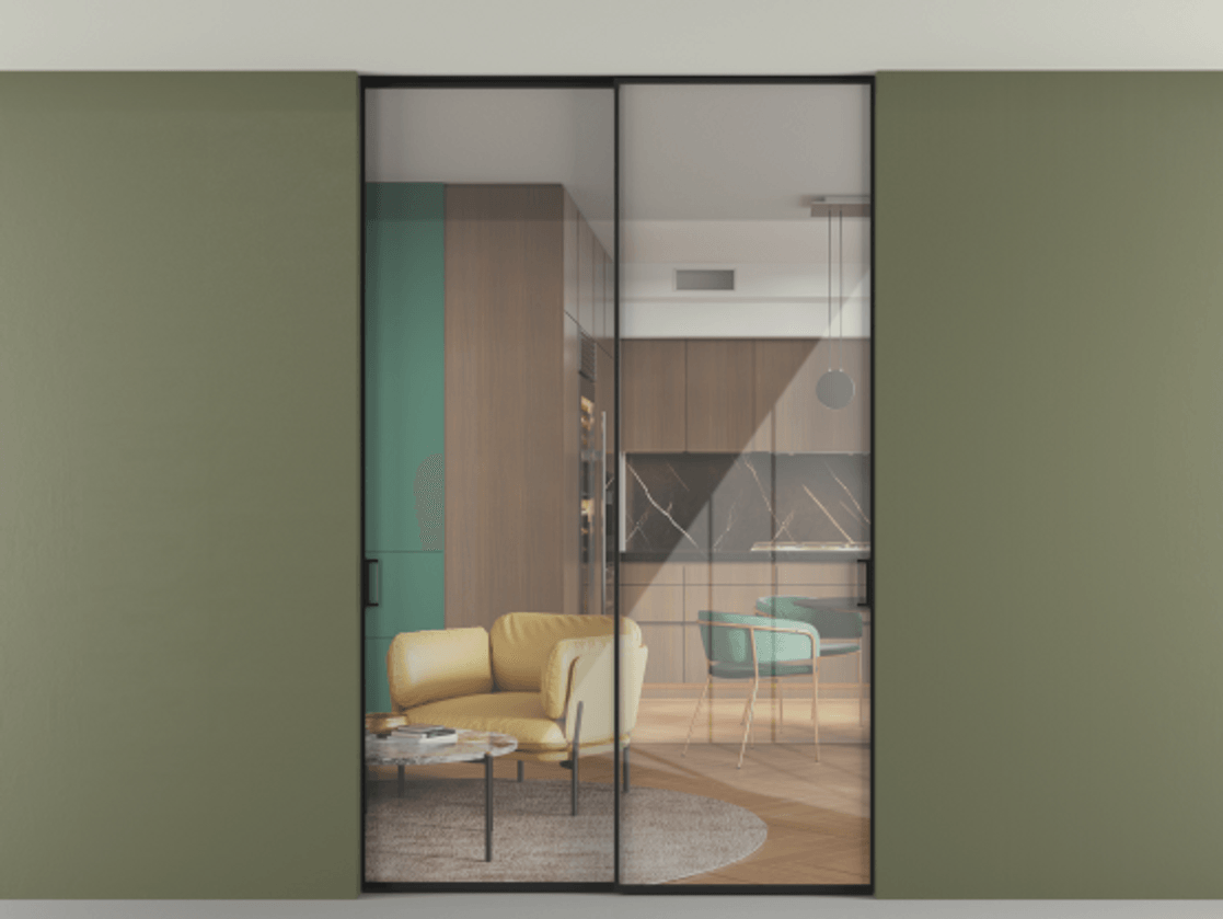 Перегородка Формато внутри проёма скрытое крепление в потолок 2 створки АЛПР 040.01 Алюминий Черный Рефлективное прозрачное стекло "Стопсол", калёное. Скрытый короб ЧЕР Цена 416650 сом 1. Полотно 2 шт. (800/2100 мм)
2. Комплект установки раздвижной системы
3. Базовый комплект фурнитуры
4. Ручка Рондо. Фабрика дверей Волховец 8 (800) 551 43 19 Перегородка Формато внутри проёма скрытое крепление в потолок 2 створки АЛПР 040.01 Алюминий Черный Рефлективное прозрачное стекло "Стопсол", калёное Цена 416650 сом | Volhovec