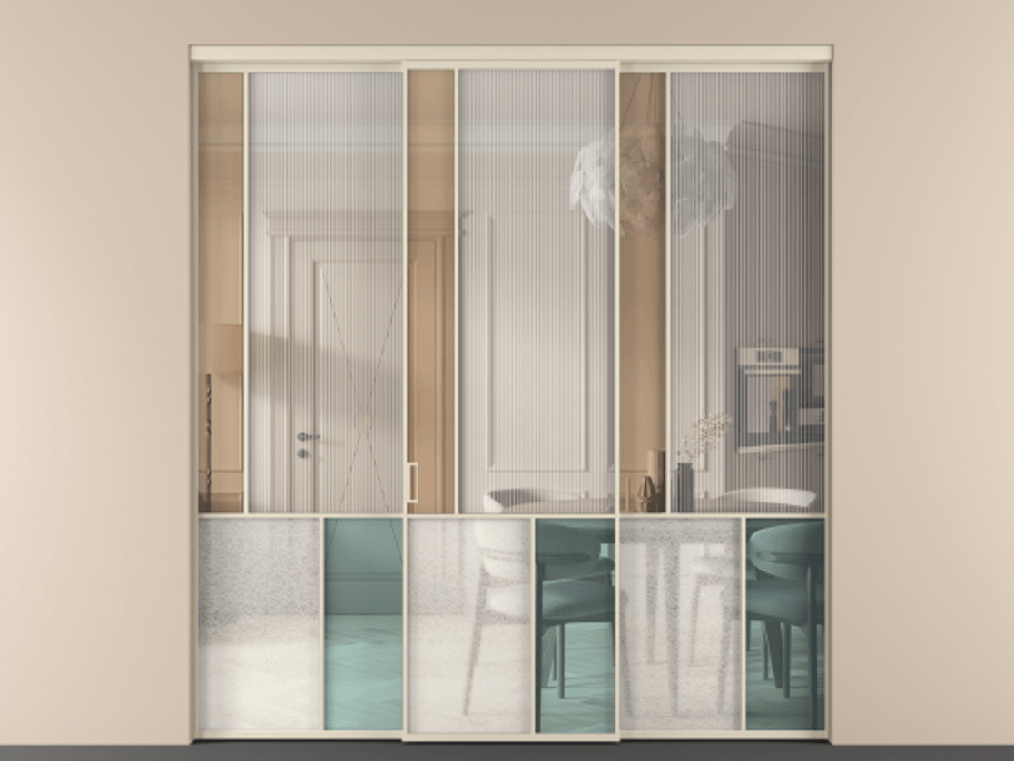 Перегородка Mosaic внутри проёма 3 створки АЛПР 041.20 Алюминий бежево-серый Комбинация стекол Группы 1 и Группы 3 Цена 523270 сом | Volhovec