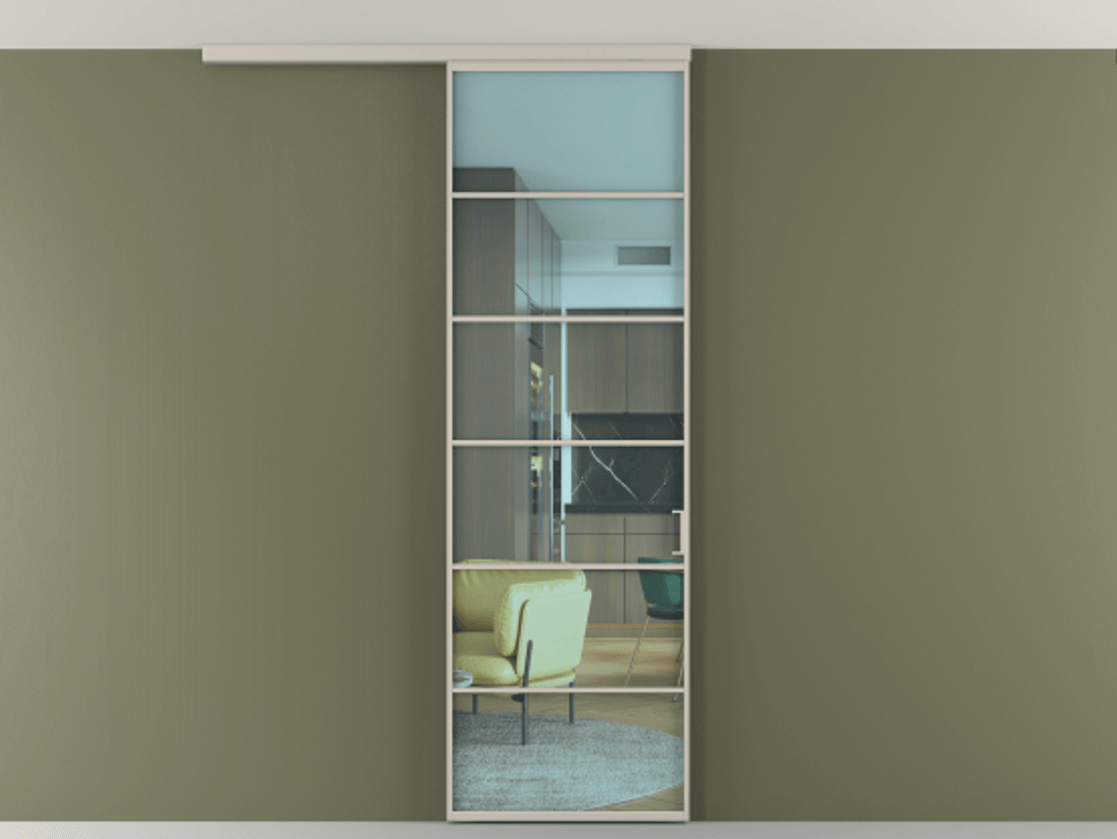 Перегородка Формато вдоль стены на потолок 1 створка АЛПР 040.04 Алюминий светло-бежевый Прозрачное голубое стекло, триплекс Цена 150390 сом | Volhovec