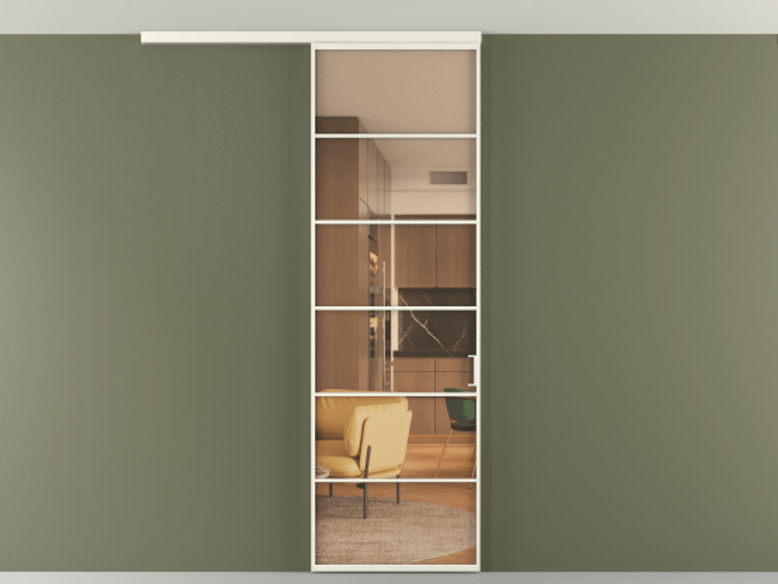 Перегородка Формато вдоль стены на потолок 1 створка АЛПР 040.04 Алюминий жемчужный Прозрачное оранжевое стекло, триплекс Цена 150390 сом | Volhovec