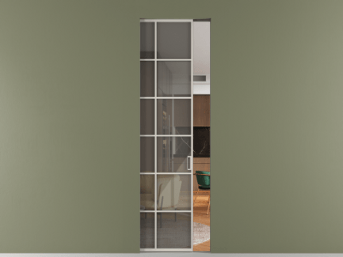 Перегородка Formato скрытый пенал 1 створка АЛПР 040.05 Алюминий облачно-серый Рефлективное серое стекло "Stopsol", калёное Цена 271110 сом | Volhovec