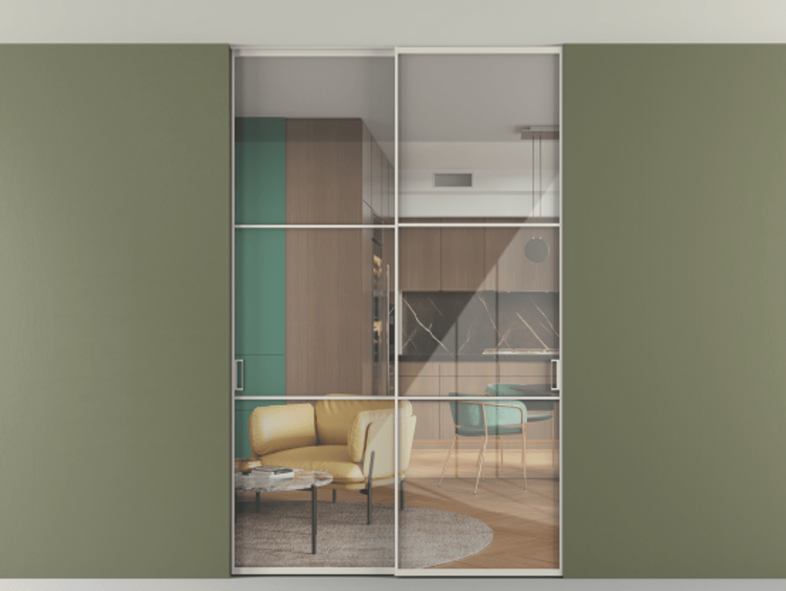 Перегородка Формато внутри проёма скрытое крепление в потолок 2 створки АЛПР 040.03 Алюминий облачно-серый Рефлективное прозрачное стекло "Стопсол", калёное Цена 444840 сом | Volhovec