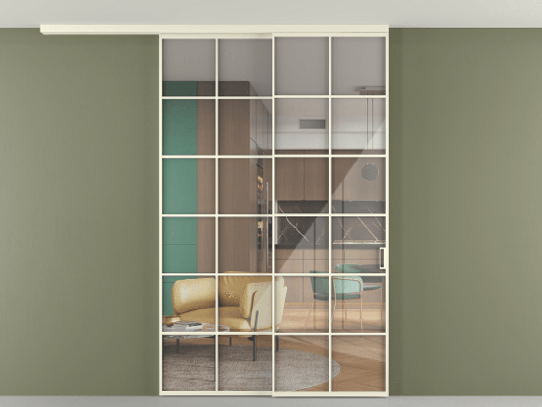 Перегородка Формато вдоль стены на потолок 2 створки с синхронным механизмом АЛПР 040.05 Алюминий молочно-белый Рефлективное прозрачное стекло "Стопсол", калёное Цена 443360 сом | Volhovec