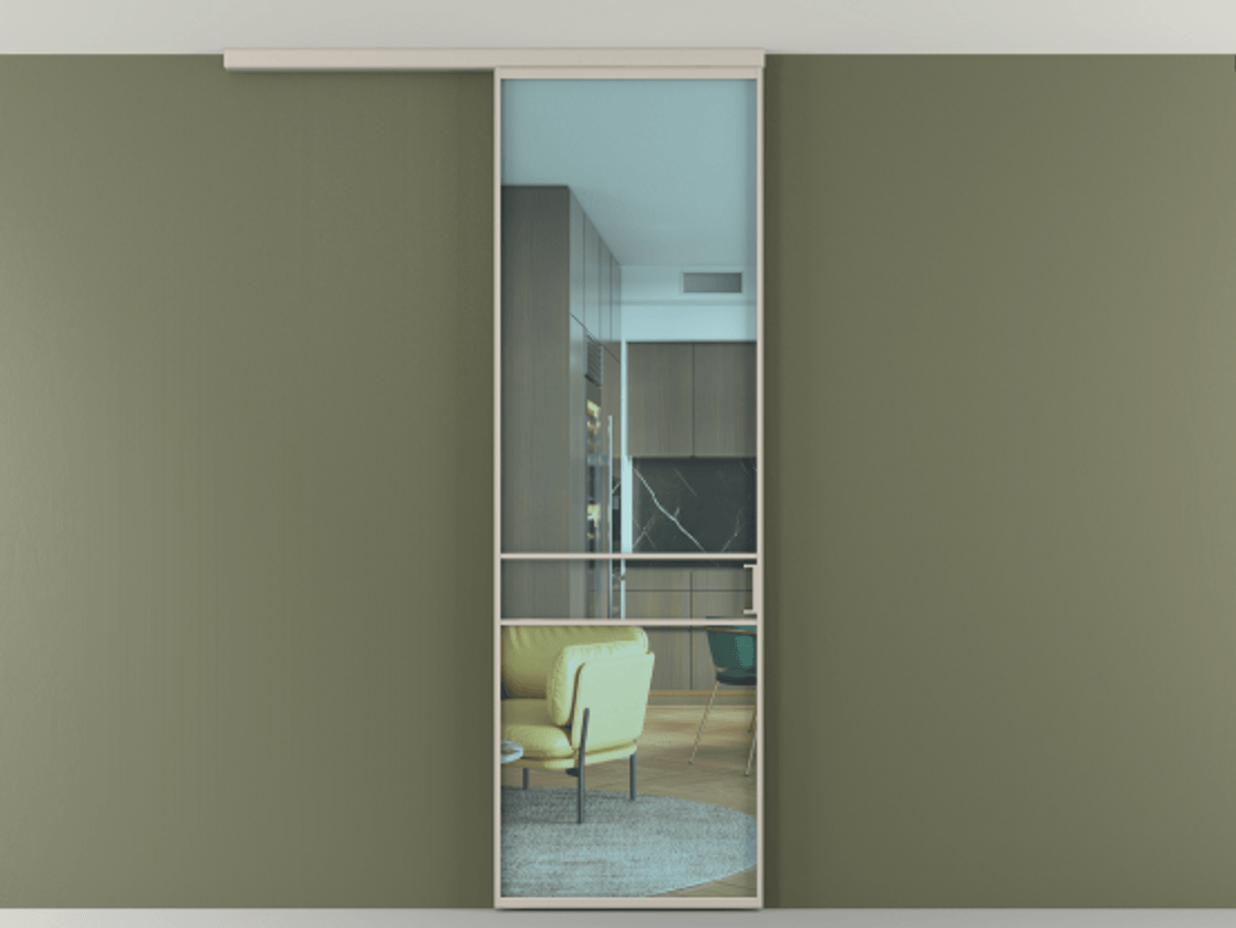 Перегородка Формато вдоль стены на потолок 1 створка АЛПР 040.02 Алюминий светло-бежевый Прозрачное голубое стекло, триплекс Цена 147040 сом | Volhovec