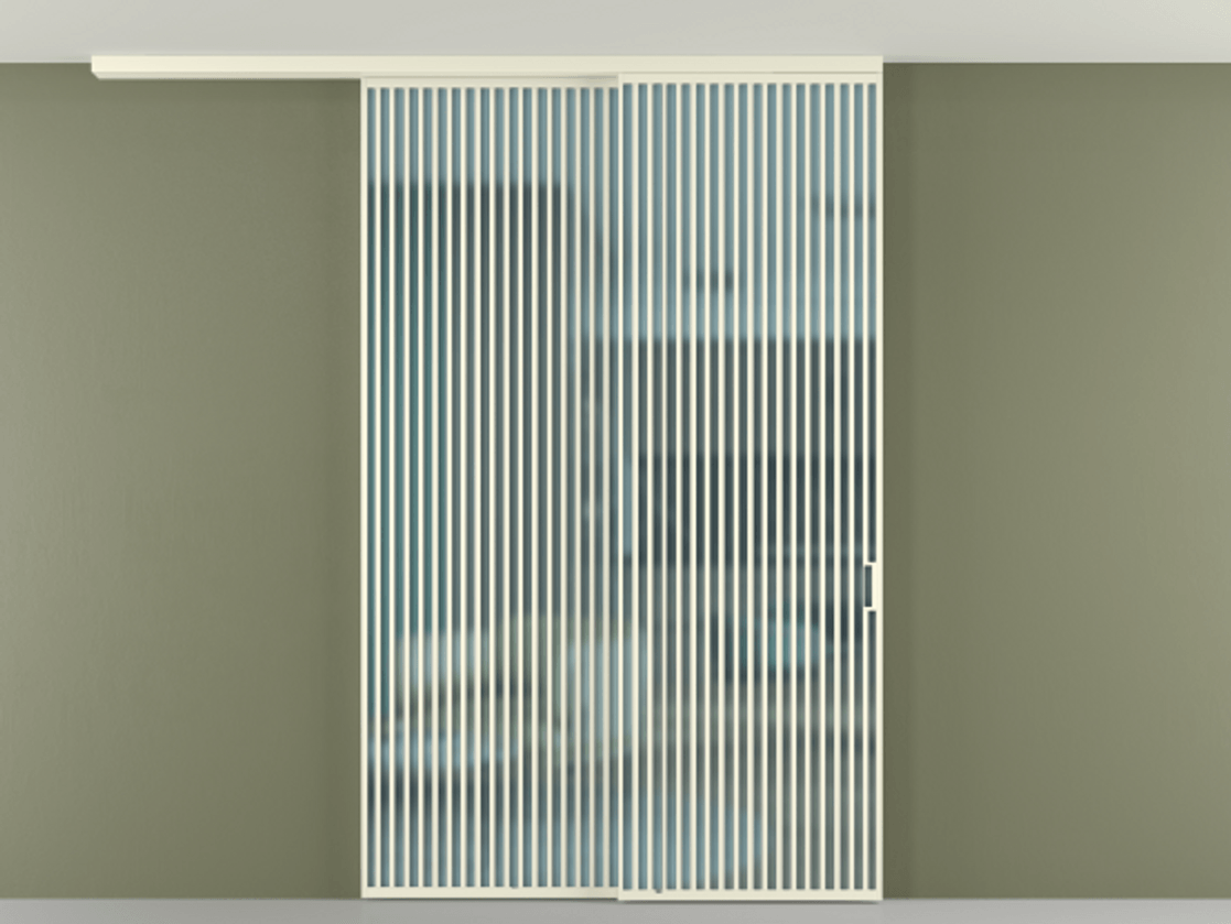 Перегородка Formato вдоль стены на потолок 2 створки с синхронным механизмом АЛПР 040.06 Алюминий молочно-белый Сатинированное голубое стекло, триплекс Цена 628140.8 сом | Volhovec