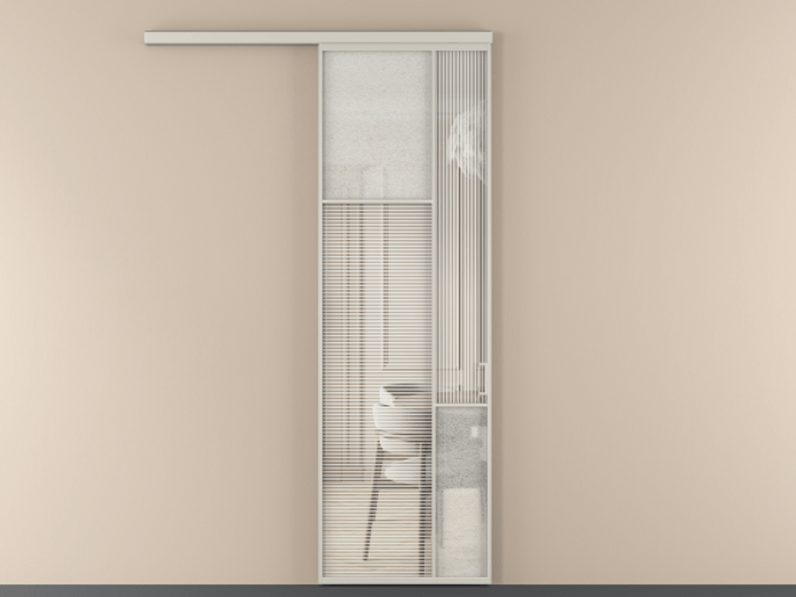 Перегородка Mosaic вдоль стены 1 створка АЛПР 041.10 Алюминий облачно-серый Рифлёное стекло "Дюна", триплекс, 6 мм + Фактурное стекло "Лёд", триплекс Цена 211160 сом | Volhovec