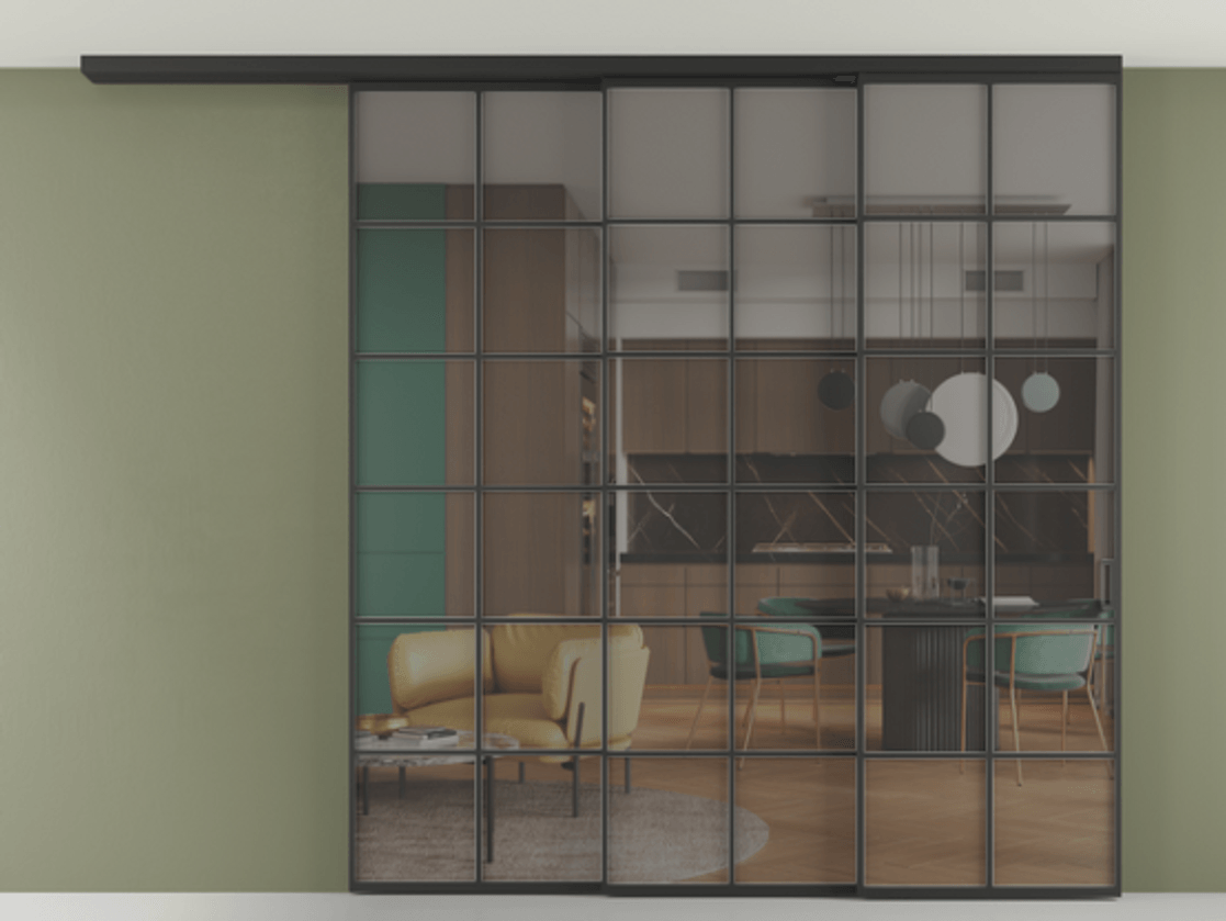 Перегородка Формато вдоль стены на потолок 3 створки с синхронным механизмом АЛПР 040.05 Алюминий Черный Прозрачное серое стекло, триплекс Цена 558930 сом | Volhovec