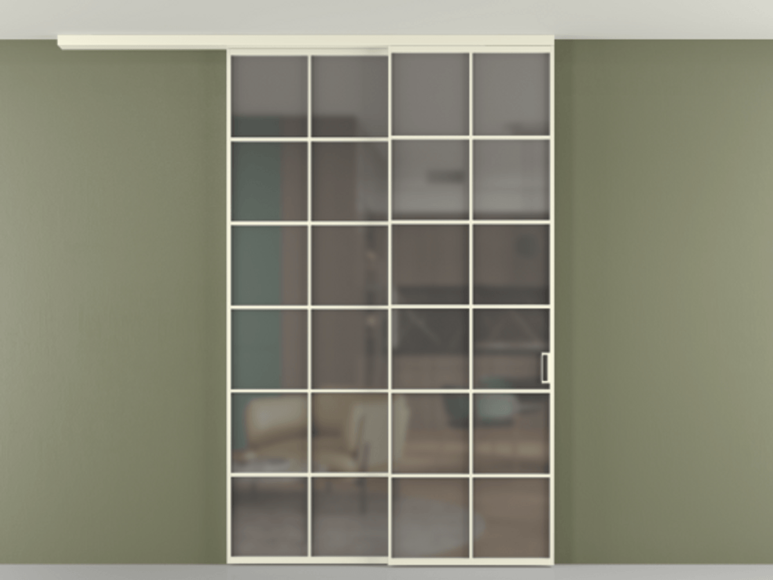 Перегородка Формато вдоль стены на потолок 2 створки с синхронным механизмом АЛПР 040.05 Алюминий молочно-белый Сатинированное серое стекло, триплекс Цена 424720 сом | Volhovec