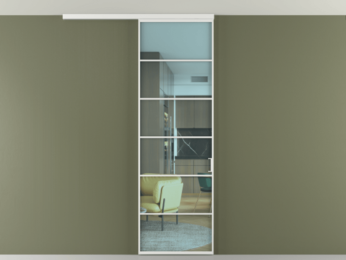 Перегородка Формато вдоль стены на потолок 1 створка АЛПР 040.04 Алюминий белоснежный Прозрачное голубое стекло, триплекс Цена 150390 сом | Volhovec