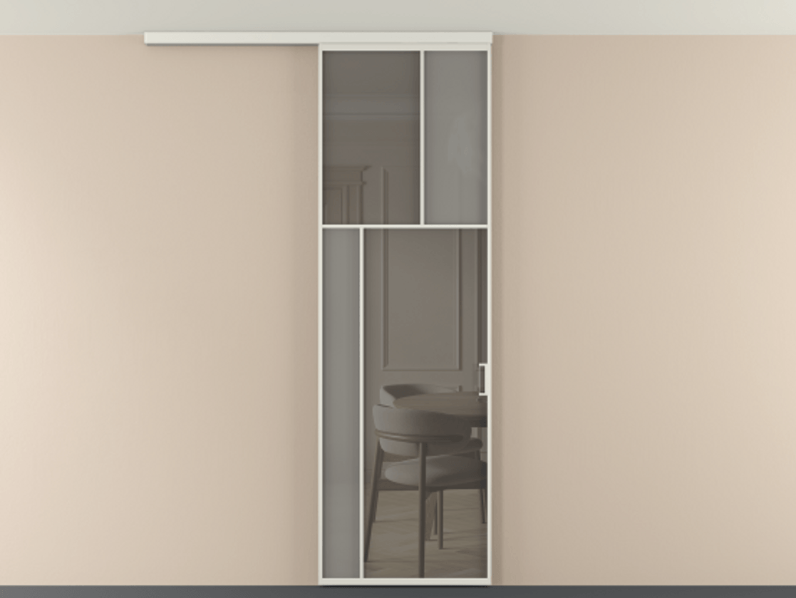 Перегородка Мозаик вдоль стены на потолок 1 створка АЛПР 041.22 Алюминий серый Сатинированное серое стекло, триплекс, 6 мм + Прозрачное серое стекло, триплекс Цена 196620 сом | Volhovec