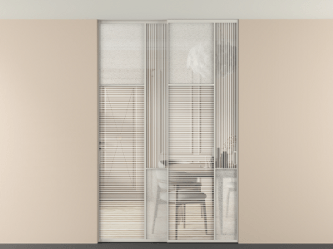 Перегородка Мозаик внутри проёма скрытое крепление в потолок 2 створки АЛПР 041.10 Алюминий тёплый серый Рифлёное стекло "Дюна", триплекс, 6 мм + Фактурное стекло "Лёд", триплекс Цена 495880 сом | Volhovec