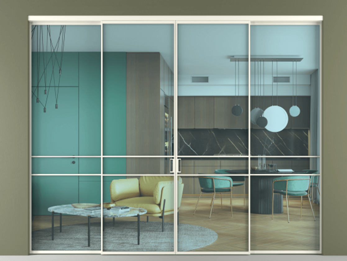 Перегородка Formato внутри проёма 4 створки АЛПР 040.02 Алюминий жемчужный Прозрачное голубое стекло, триплекс Цена 490850 сом  | Volhovec