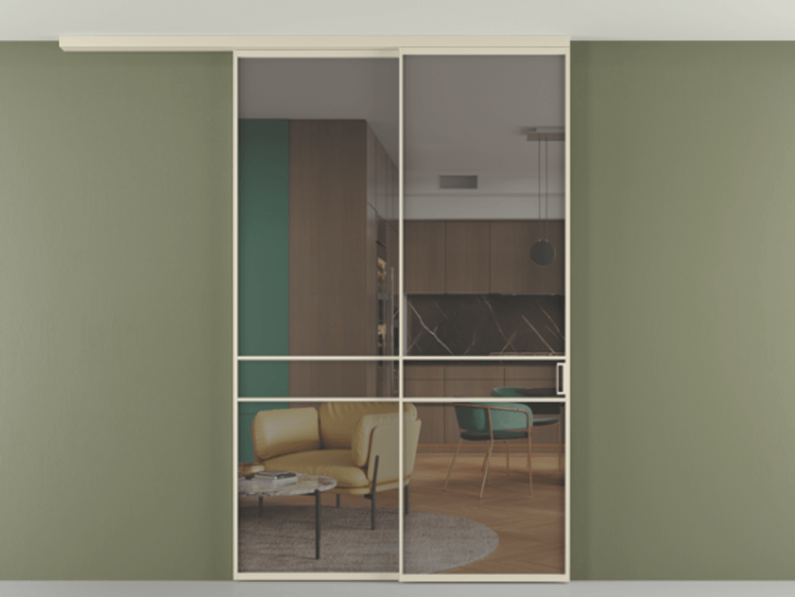 Перегородка Формато вдоль стены на потолок 2 створки с синхронным механизмом АЛПР 040.02 Алюминий бежево-серый Прозрачное серое стекло, триплекс Цена 452850 сом | Volhovec