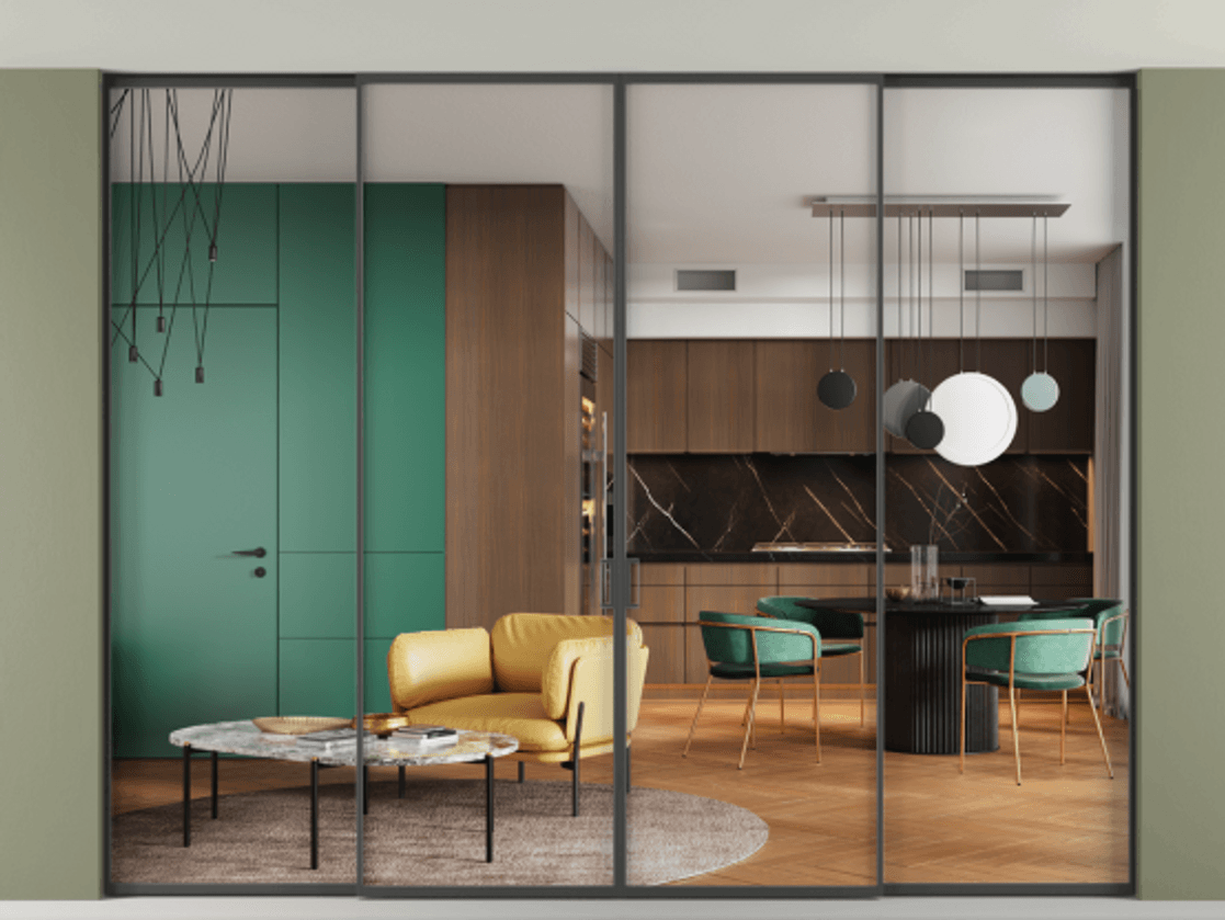 Перегородка Формато внутри проёма скрытое крепление в потолок 4 створки АЛПР 040.01  Прозрачное стекло "Кристал Вижн", калёное Цена 908220 сом | Volhovec