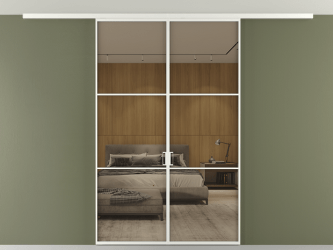 Перегородка Формато вдоль стены на потолок 2 створки АЛПР 040.03 Алюминий светло-серый Рефлективное бронзовое стекло "Стопсол", калёное Цена 355150 сом | Volhovec