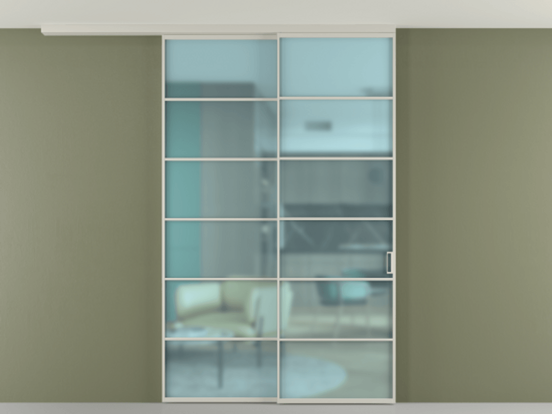 Перегородка Formato вдоль стены на потолок 2 створки с синхронным механизмом АЛПР 040.04 Алюминий тёплый серый Сатинированное голубое стекло, триплекс Цена 424720.8 сом | Volhovec