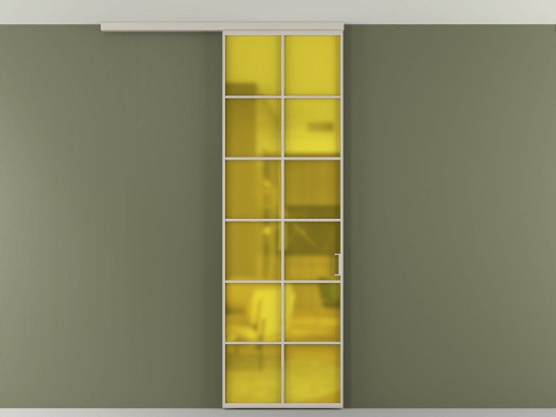 Перегородка Формато вдоль стены на потолок 1 створка АЛПР 040.05 Алюминий светло-бежевый Сатинированное жёлтое стекло, триплекс Цена 150390 сом | Volhovec