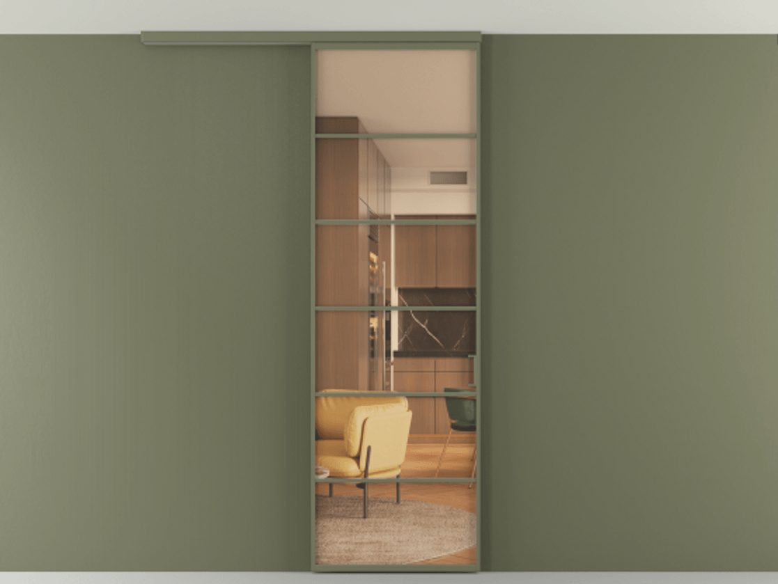 Перегородка Формато вдоль стены на потолок 1 створка АЛПР 040.04 Алюминий оливковый тёмный Прозрачное оранжевое стекло, триплекс Цена 157030 сом | Volhovec